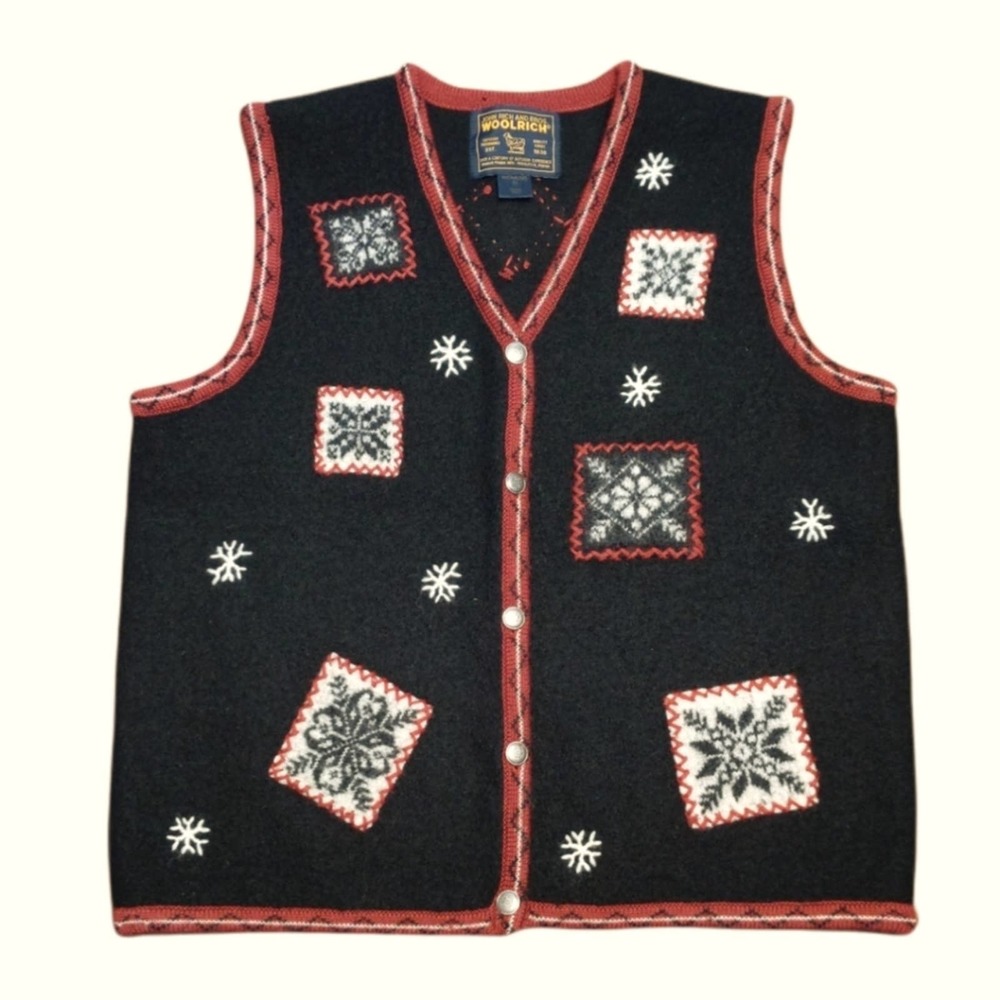 Woolrich 100% Wool Embroidered and Patched Button Front Winter Vest M